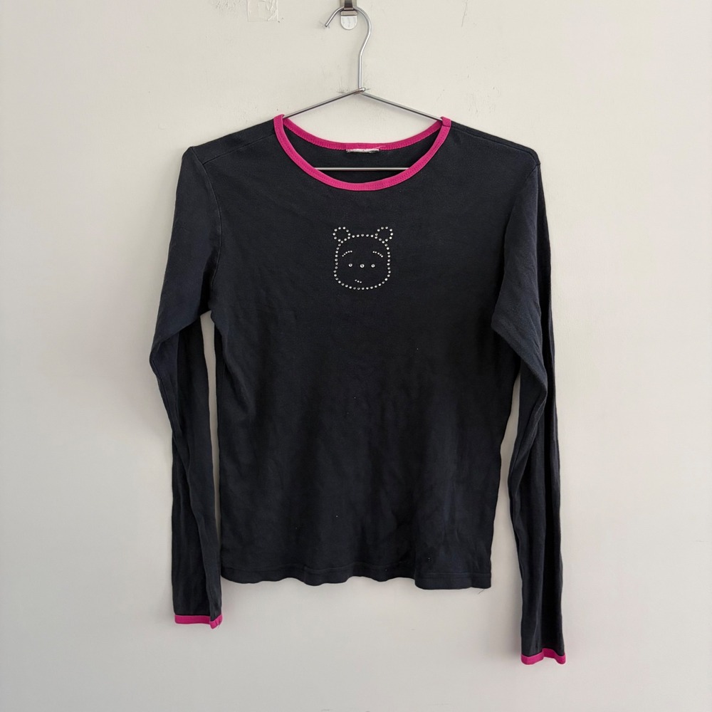 Vintage Disney Winnie the Pooh Rhinestone Long Sleeve Shirt Black Pink Y2K